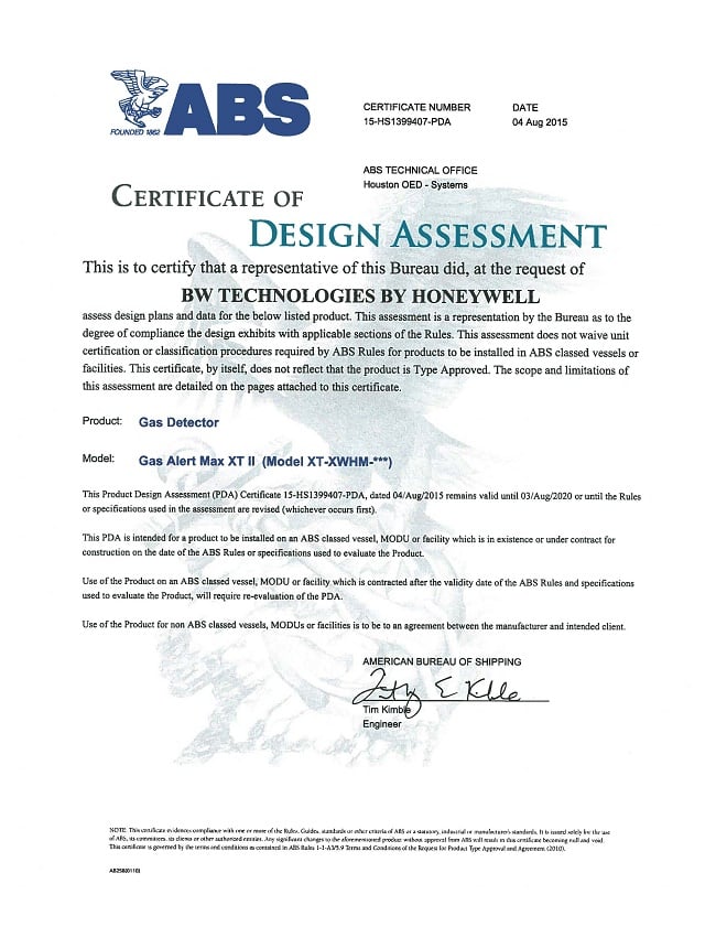 Certificate of registration for ABS type approval gas detector