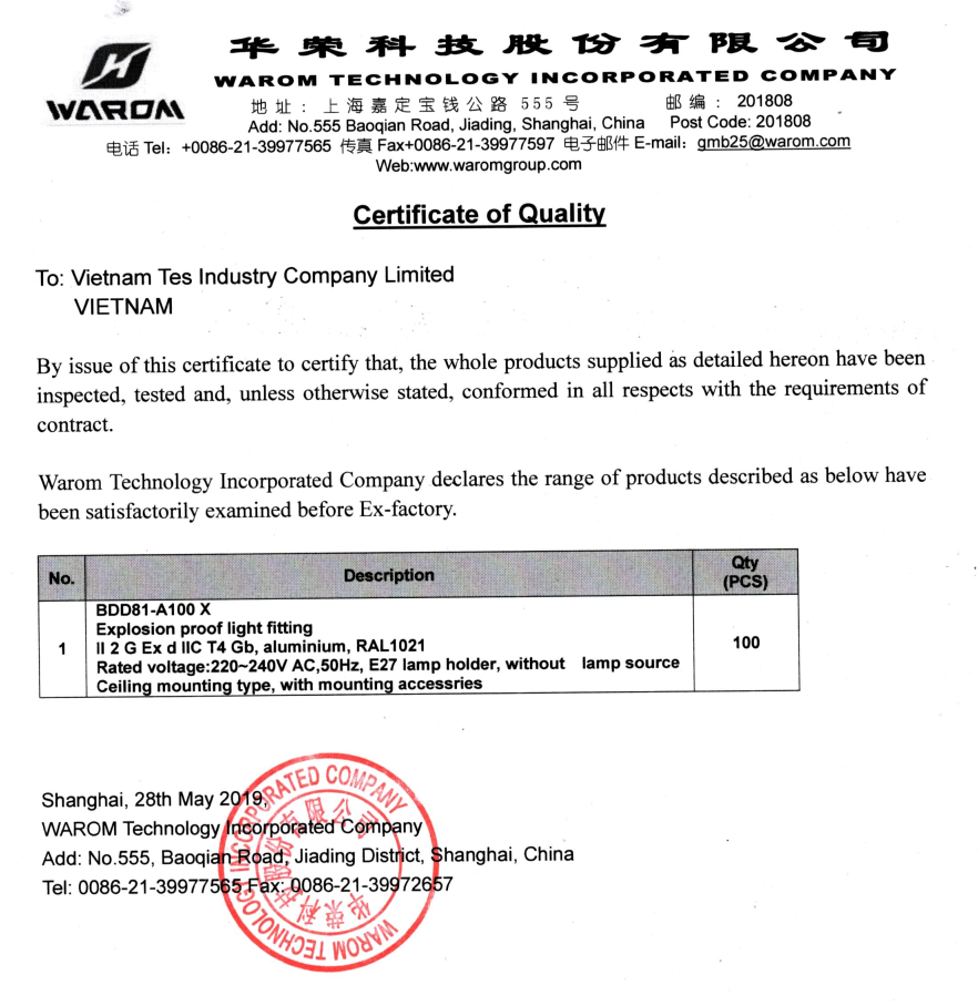 Warom BDD81-A100X Explosion-Proof Lamp Quality Certificate