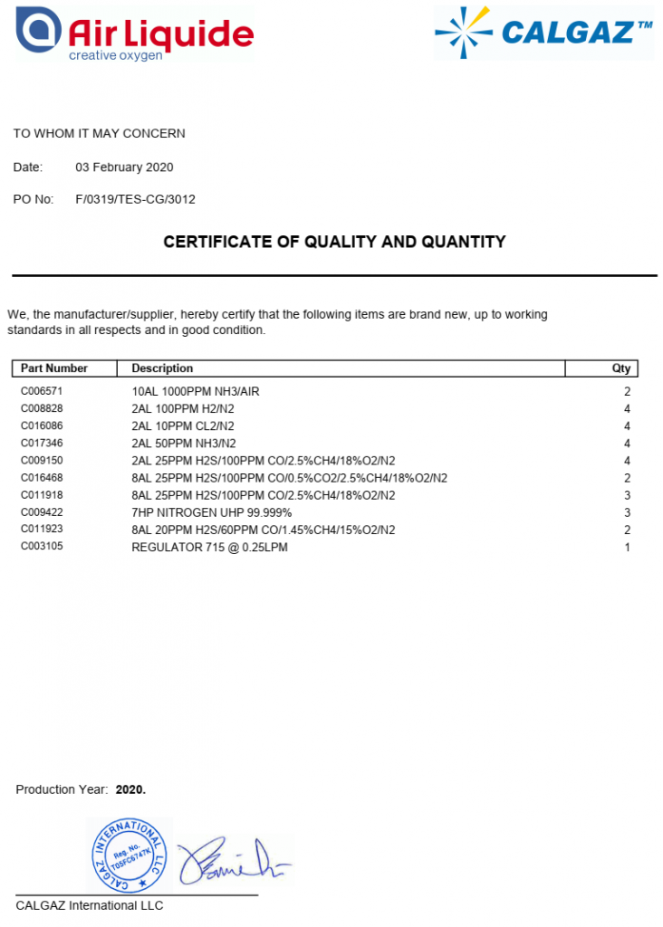 Calgaz CQ Quality Certification
